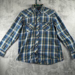Old Navy Men’s L Blue Plaid Flannel Shirt Pearl Snap Western Cowboy Style